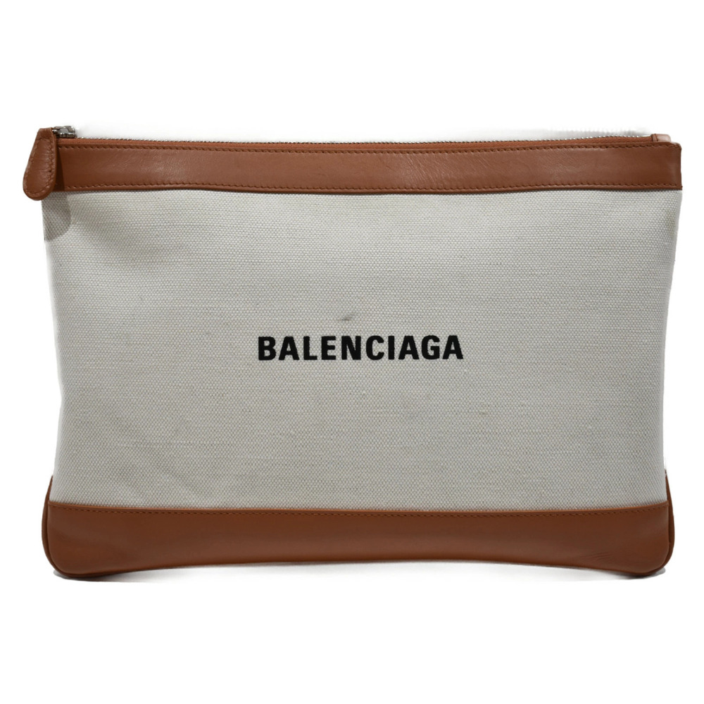BALENCIAGA Navy Blue Clip Clutch Bag White Brown Canvas Leather